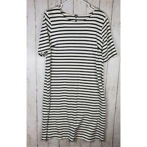 Lindex Women's Size Large Dress White Navy Striped Cotton Short Sleeve Zip Soft
